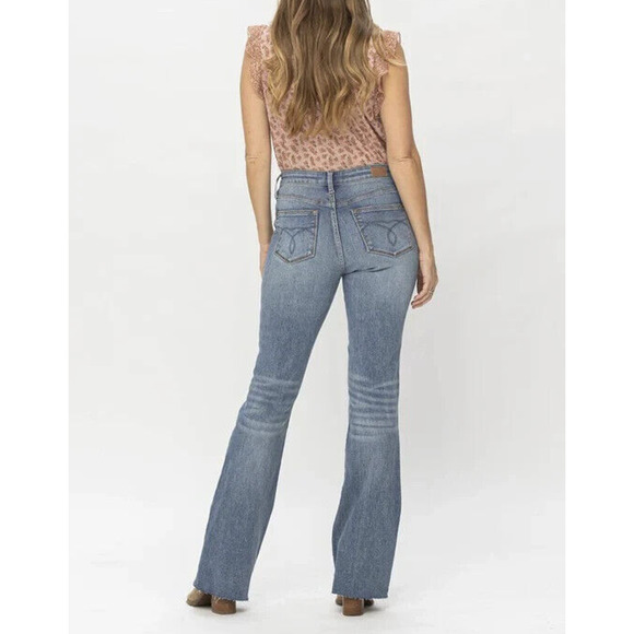 Judy Blue Denim - Judy Blue Bootcut Jeans Mid Rise Raw Hem Frayed Blue Women's Stretch 18W JB88604